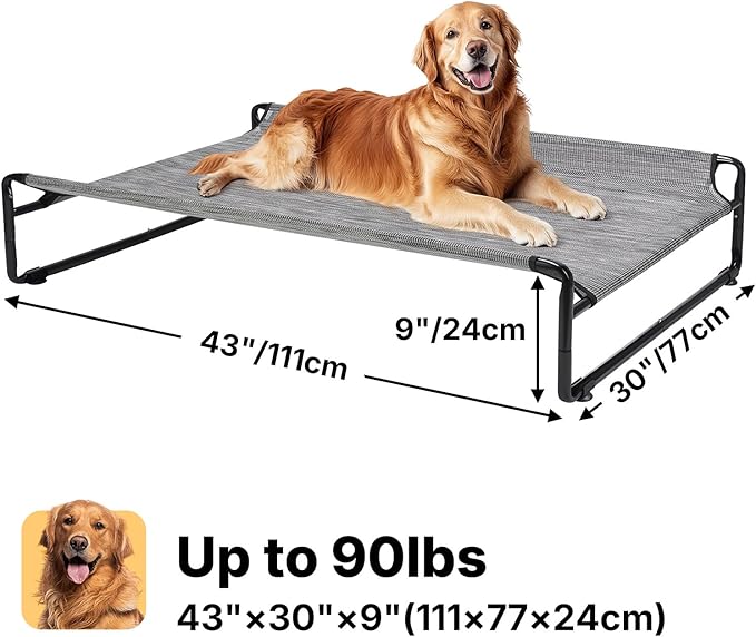 Veehoo Original Outdoor Elevated Dog Bed, Cooling Raised Dog Cot for Large Dogs, Portable Standing Pet Hammock Platform with Washable Breathable Mesh, No-Slip Feet, Large, Black Silver, CWC2201