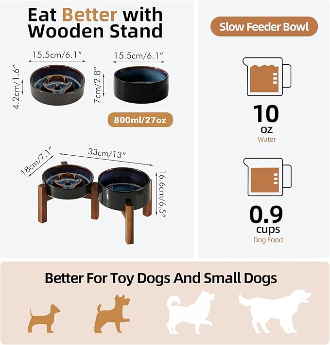 Ceramic 0.9 Cup Raised Slow Feeder Dog Bowl Set, Elevated 6.1inch Water Bowl and 6.1inch Slow Dish with Acacia Wood Stand for Small Dogs (2 x Starry Sky+ Stand)