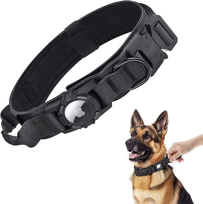 Upgraded Airtag Dog Collar Waterproof, Adjustable GPS Training Nylon Dog Collar with AirTag Holder, Control Handle and Quick-Release Buckle for Medium and Large Dogs (Black, M)