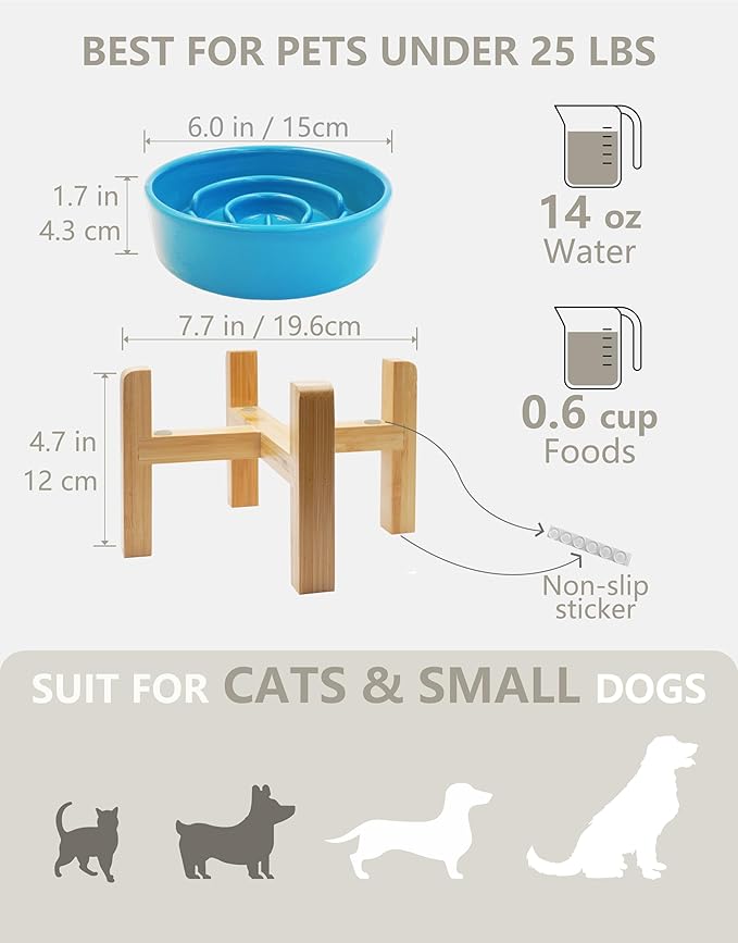 Ceramic Slow Feeder Dog Bowls Elevated, 0.6 Cup Slow Feeder for Small Dogs and Cats, Puzzle Maze Bowl, Prevents Choking, 6in, Blue