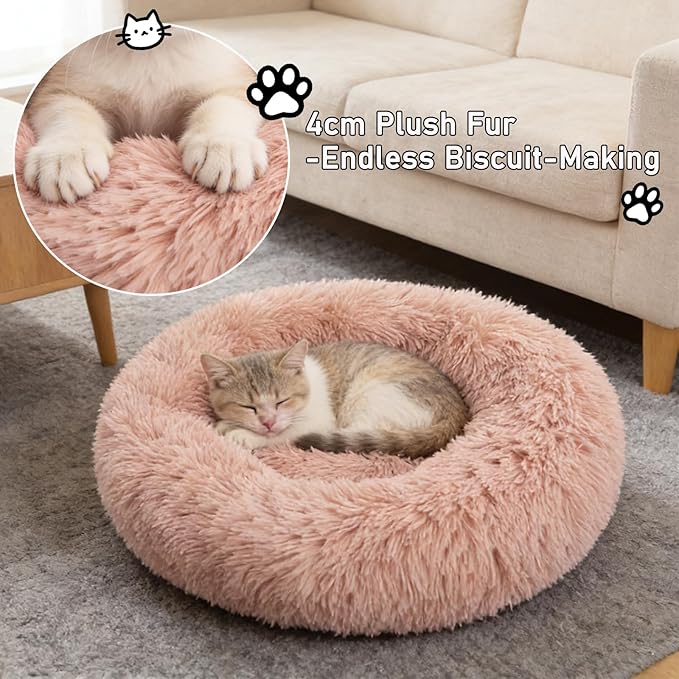 Calming Donut Dog Beds for Small Dogs Kitten - Washable Removable Cover Non-Slip Bottom, Round Pet Bed Puppy Bed Warming Fluffy Faux Fur Anti-Anxiety, Fits up to 15 lbs (Blush, 20")