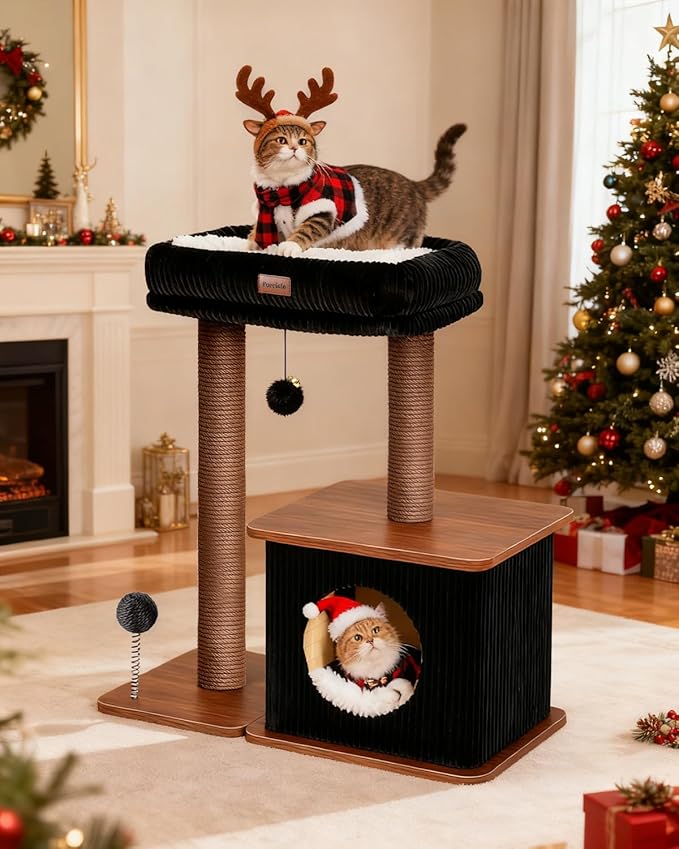 Modern Cat Tree for Indoor Cats, Nordic Loft Style, Wooden Cat Tower with Sisal Scratching Posts, Soft Padded Beds & Cozy Condos, Floor-Mounted for Kittens & Adult Cats