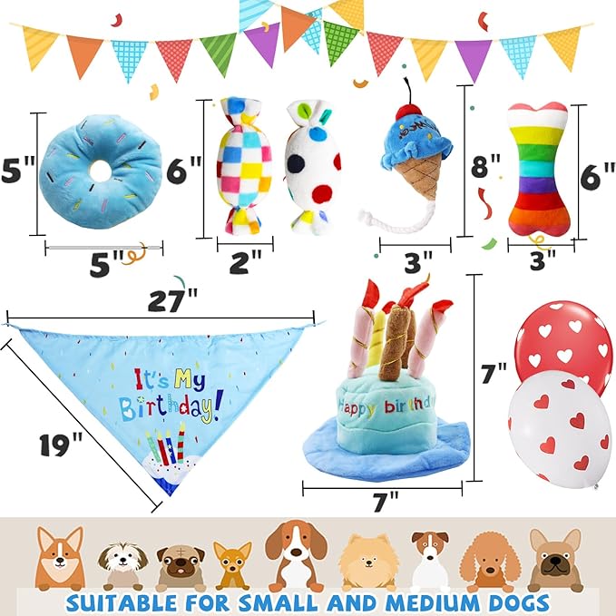 Dog Birthday Toy Set, 9Pcs Plush Pet Toy for Small Dogs, Includes Squeaky Cake Hat, Bandana, Dessert Themed Toys, Balloons, for Dog Birthday Party