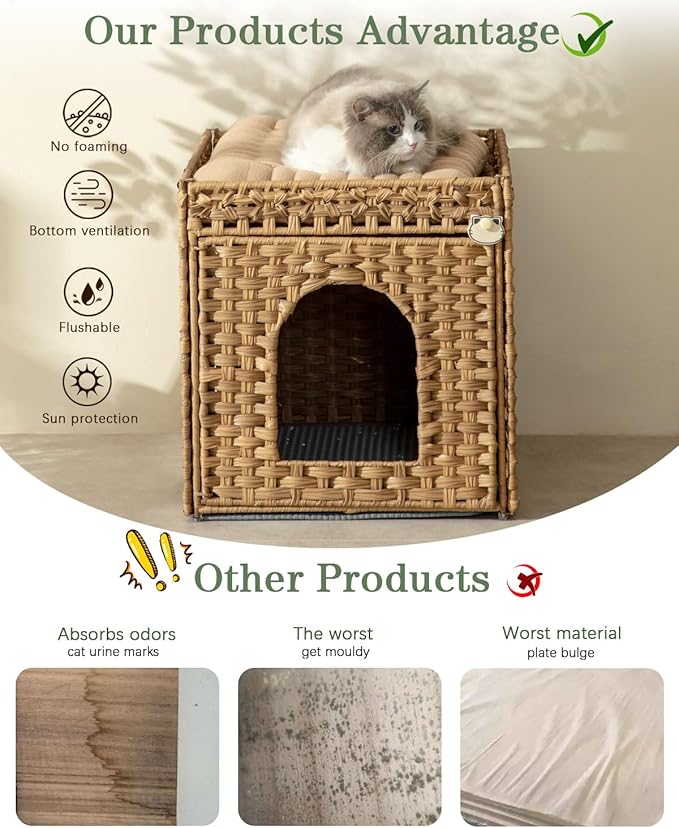 Cat Litter Box Enclosure Furniture, Hidden Litter Box with Mat and Fence, Handwoven Rattan Cat House with Two S-Shaped Hooks for Living Room, Bedroom, 18.5 x 20.5 x 19.1 Inches (Natural)