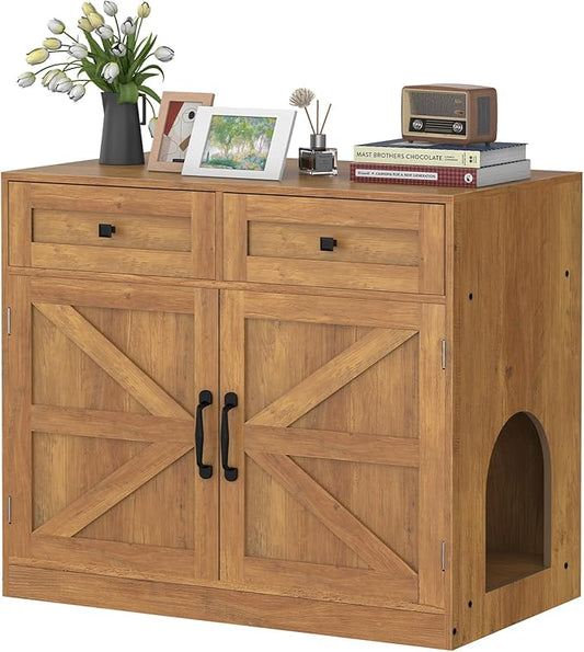 Cat Litter Box Enclosure Furniture Ultra-Large Wooden Hidden Litter Box,2-Door Storage Cabinet, 2 Drawers, 1 Air Vents,Litter Box Furniture Fit Most of Litter Box.