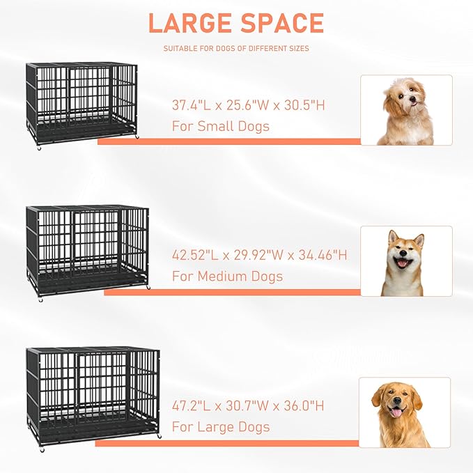 LEMBERI 42 inch Heavy Duty Indestructible Dog Crate, Escape Proof Dog Cage Kennel with Lockable Wheels,High Anxiety Double Door Dog Crate,Extra Large Crate Indoor for Large Dog with Removable Tray