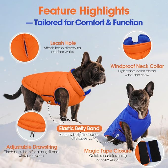 QBLEEV Reversible Dog Coat for Small Dogs, Waterproof Windproof Winter Jacket Keeps Small Breeds Warm & Dry, Lightweight Adjustable Puffer Vest with Leash Hole, Orange, XS – Fits Chihuahua, Yorkie