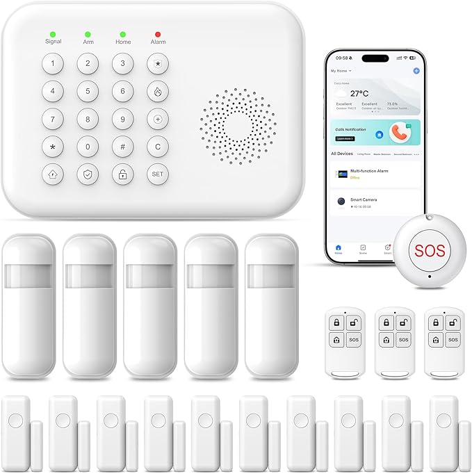 PGST Smart Alarm System for Home Security,Wireless Home Security System with DIY Door/Motion Sensors,4G SMS/Tuya APP Alerts,Work with Alexa,24/7 Instant Monitoring,20 Pieces Kit for Home,Kids Safety