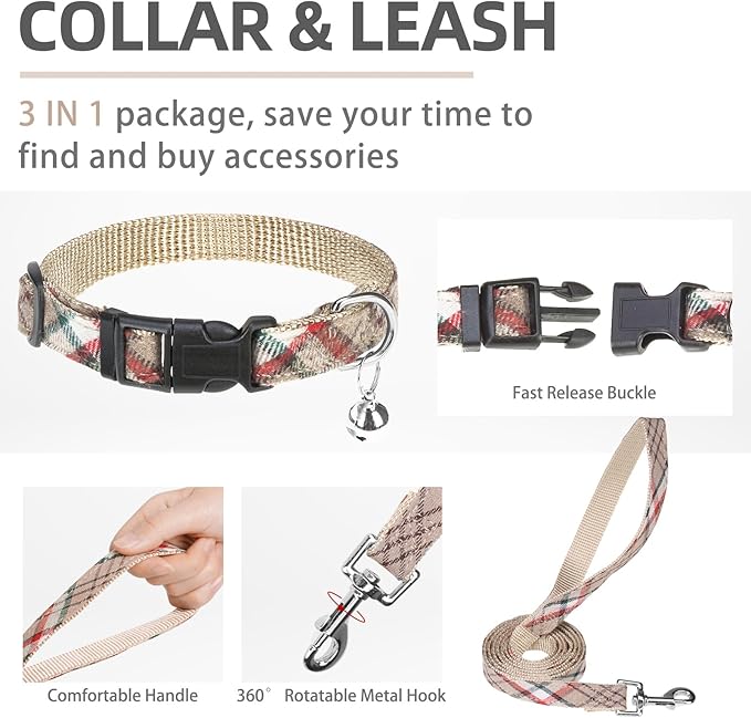 PUPTECK Adjustable Dog Harness Collar and Leash Set Step in No Pull Pet Harness for Small Medium Dogs Puppy and Cats Outdoor Walking Running, Soft Mesh Padded Reflective Vest Harnesses, Khaki M