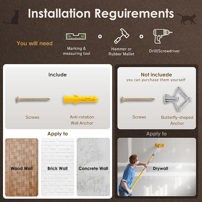 Cat Shelves with 3 Steps Scratching Post and Hammock Bed - Wall Mounted Climbing Condo for Indoor Cats (Wood)