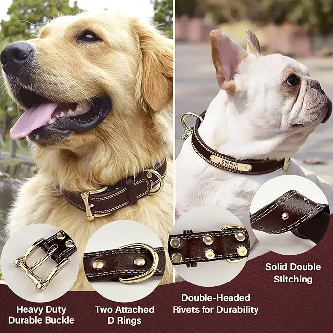 Personalized Custom Leather Dog Collar with Engravable Nameplate - Durable Name Tag Collar - Customizable Dog Collar - Comfortable ID Collars for Small, Medium, Large Dogs (X-Small)