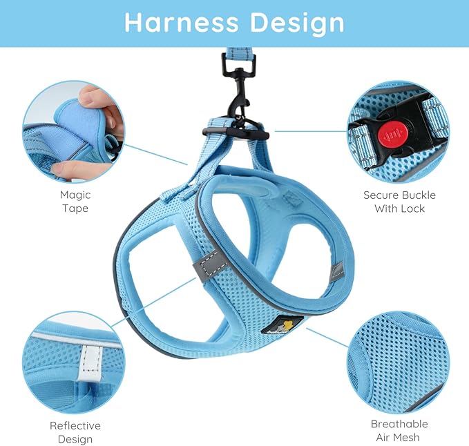BELLA & PAL Step in Vest Harness for Small and Medium Dogs, No Pull Small Dog Harness with Leash Set, Comfortable Air Mesh Dog Vest Harness with Reflective Strip (Sky Blue, XS)