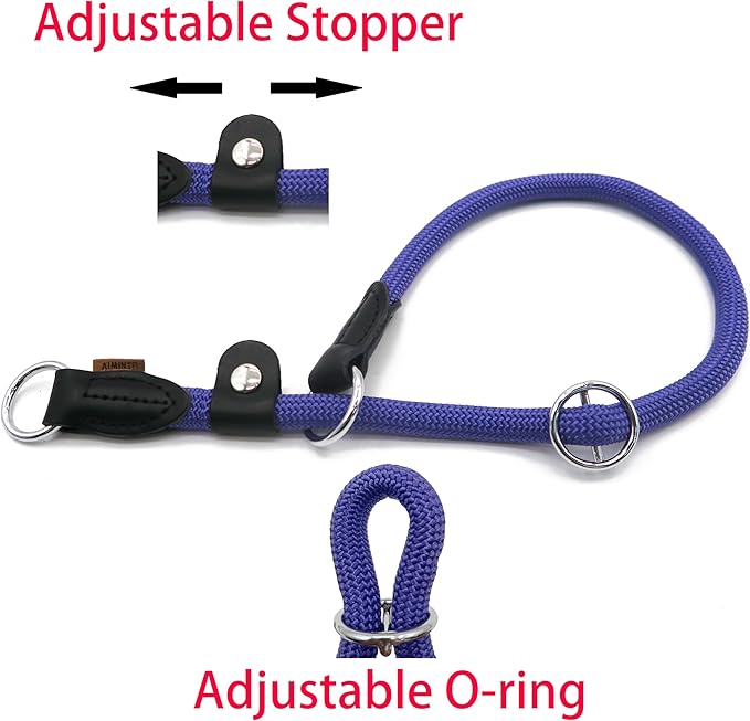 Braided Round Martingale Dog Collar, Training Collar with Slidable Stop Ring and Adjustable Stopper - Ideal for Medium Dogs (M(1/3") - 18" Long, Purple)