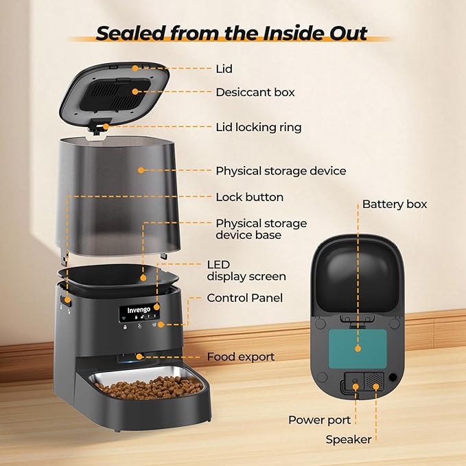 Automatic Cat Feeder with App Control, 5L Food Dispenser for Cats and Small Dogs, 2.4/5G Wi-Fi, Dual Power, Programmable Portions, Anti-Jam & Fresh-Lock, Stainless Steel Bowl, Easy to Clean