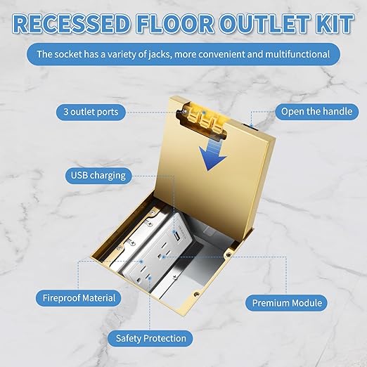 Vagueior Recessed Flat Hidden Floor Electrical Outlet Kit,Hidden Duplex 15A Tamper-Resistant Receptacle Outlet and 2.1A USB Port，Waterproof Electrical Outlet Covcer Box,Gold