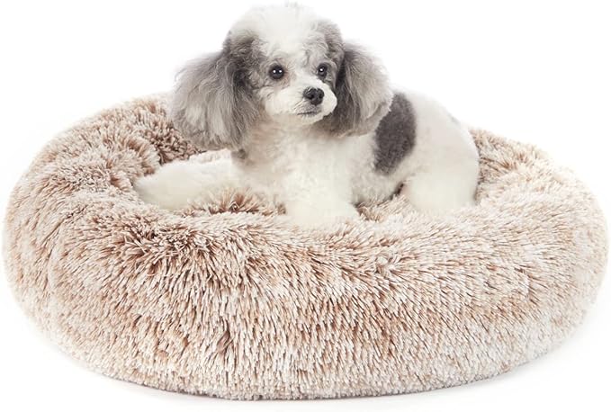 Bedfolks Calming Donut Dog Bed, 23 Inches Round Fluffy Dog Beds for Small Dogs, Machine Washable Anti-Anxiety Plush Puppy Bed（Brown, Small）