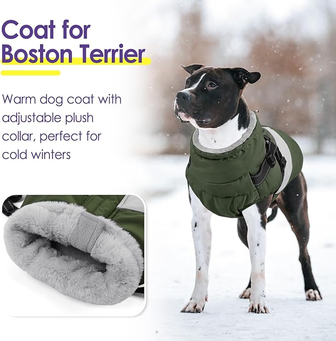 SUNFURA Dog Winter Coat, Waterproof Dog Coat Jacket with Harness for Medium Dogs Boys Girls, Reflective Fleece Lined Pet Snow Jacket Sweaters for Pug, Jack Russel, Boston Terrier, Army Green M
