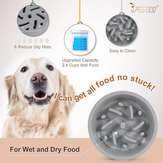 JASGOOD Dog Slow Feeder - Reduce Slip Puzzle Bowl for Raised Pet Feeders - Interactive Bloat Stop Elevated Diners Replacement Bowl (Gray, Fit Opening 7.5"-8")