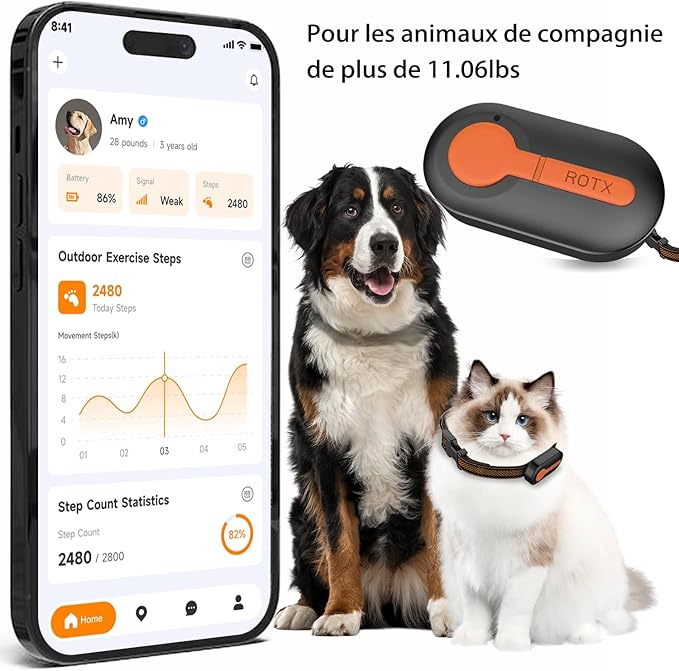 ROTX Dog GPS Tracker Real-time Tracker Alerts Virtual Fence Location for Pet Over 11.06lbs Dog Cat Collar Attachment of Random Color Subscription Required Waterproof IP67 Health & Wellness Black