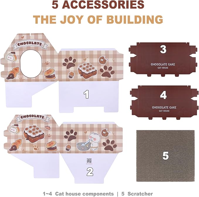 Cardboard Cat House with Scratcher – Chocolate Cake Design, 14''H x 18''L x 15.5''W, Sturdy Cat Playhouse for Indoor Cats up to 20 lbs, Fun Cat Hideout & Scratch Toy