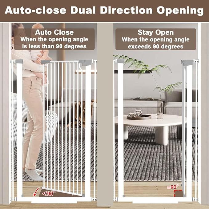 Fairy Baby 51.18" Extra Tall Cat Gate for Doorway, Adjustable 29.5"-32.6" Wide Pressure Mounted Dog Gate Indoor for Stairs, Child Safety Gate Metal Auto Close Baby Gate for Pet Kid Walk Through, White