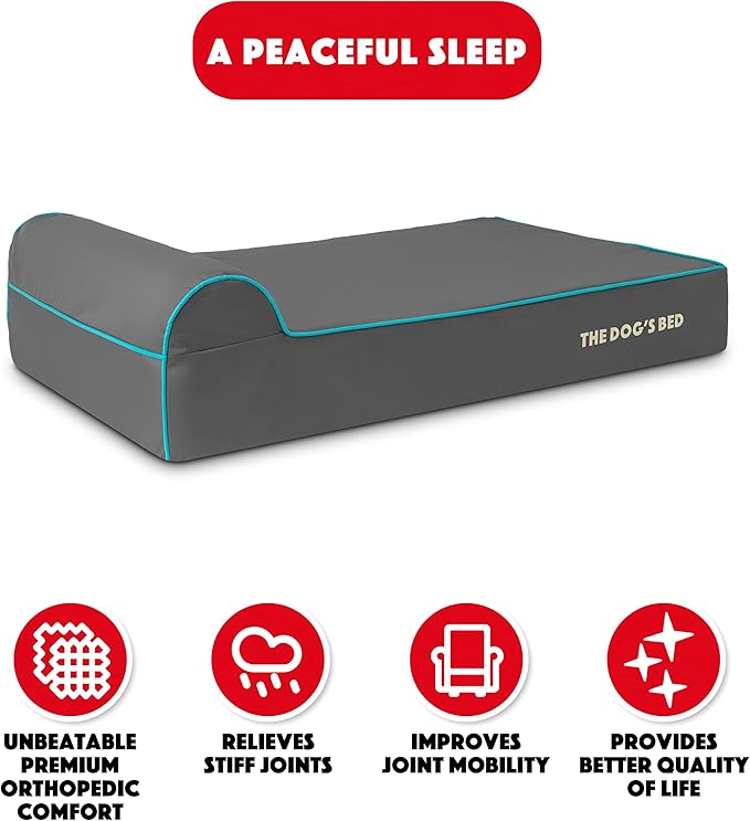 The Dog’s Bed Orthopedic Headrest Dog Bed Large Grey/Blue, Memory Foam, Pain Relief for Arthritis, Hip & Elbow Dysplasia, Post Surgery, Lameness, Waterproof Washable Cover
