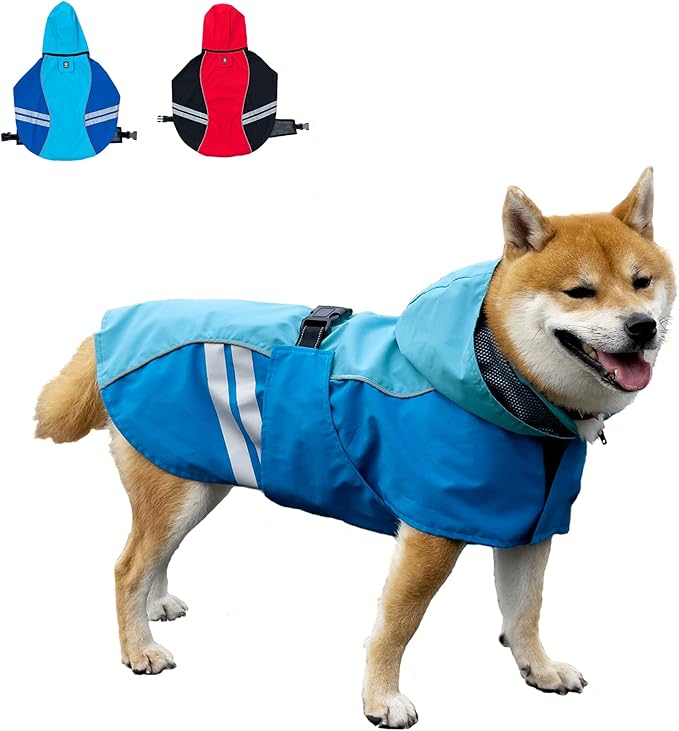 Dog Raincoat for Medium Large Extra Large Dogs, Waterproof Rain Jacket with Reflective Strap, Lightweight Hoodies Full-Body Coverage Dry Clothes (S, Blue)
