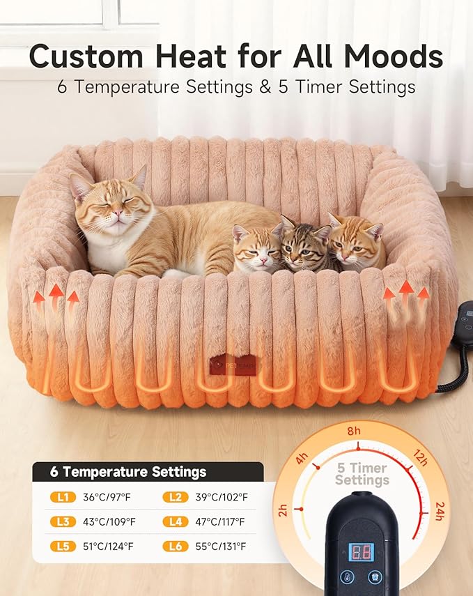 Heated Cat Bed Indoor, Pet Bed with 6 Temperature & 5 Timer Settings, Fluffy Cat Couch with Removable Machine-Washable Cover for Dogs Kitten Puppy in Winter, UL & FCC Certified, Medium, Brown