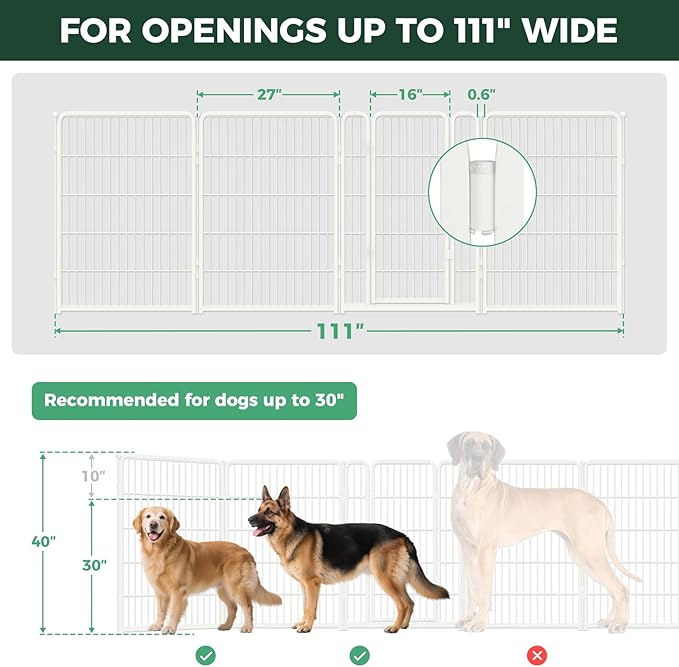 FXW Dog Gate Extra Wide Designed for Indoor Use, Adjustable Width Up to 111-inch Wide (40" H 4 Wire Panels for Medium and Large Dogs), White
