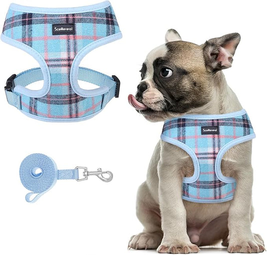 SCENEREAL Puppy Dog Harness with Leash Set for Small Medium Sized Dogs, Soft Mesh Step in Pet Harnesses and Leash, No Chock Plaid Adjustable No Pull Vest for Dogs Cats, Chihuahua,Bulldog (Blue M)