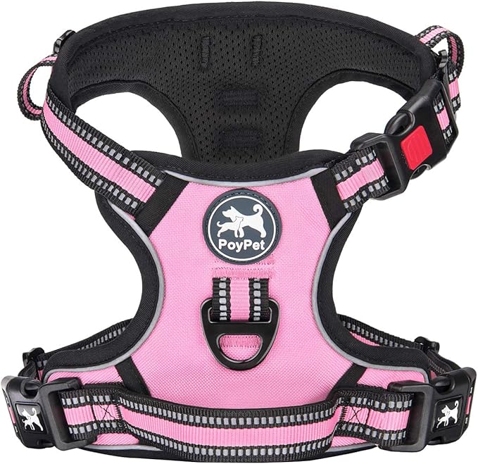 PoyPet No Pull Dog Harness, [Release on Neck] Reflective Adjustable No Choke Pet Vest with Front & Back 2 Leash Attachments, Soft Control Training Handle for Small Medium Large Dogs(Light Pink,M)