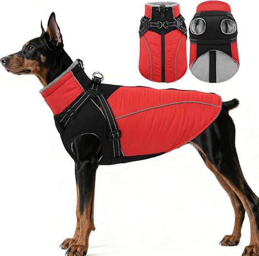 ASENKU Reflective Dog Coat with Built-in Harness, Windproof Fleece-Lined Dog Jacket for Small, Medium, Large Dogs, Warm Winter Vest with Turtleneck & Zipper (Red 3XL)