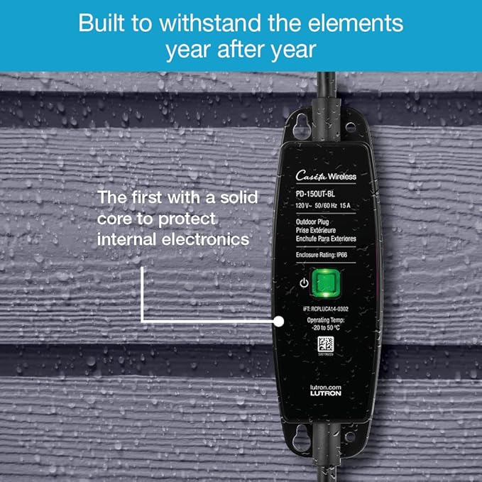 Lutron Smart Outdoor Plug for Caseta Smart Lighting, for Summer, Patio, Backyard, and Outdoor Lights, & Motors, 15A LED Fixtures & 1/2 HP Motors, PD-15OUT-BL-2, 2 Pack, Black