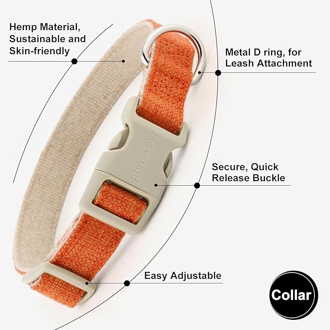 Plutus Pet Cotton Hemp Dog Collar and Leash Set, Adjustable Collar for Small, Medium, and Large Dogs, Heavy Duty and Soft on Skin, Orange, L