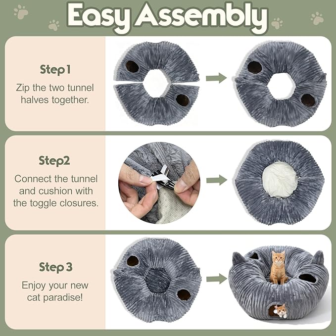 OurWarm Cat Tunnels for Indoor Cats - Round Cat Tunnel Bed with Removable and Washable Circle Cushion, Donut Cats Play Tunnel, Kitten Toys with Ear Sounds for Kitten/Puppy/Rabbit, Grey