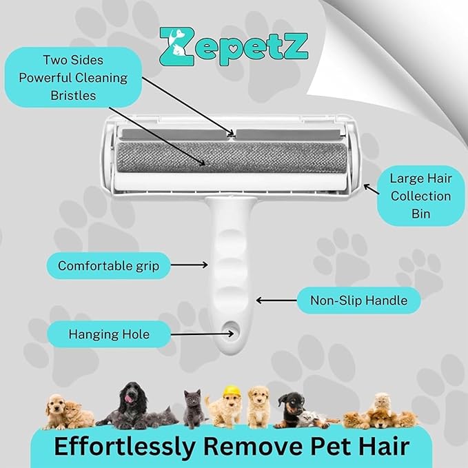 Pet Hair Remover Roller – Reusable Self-Cleaning Fur Removal Tool for Dogs & Cats – Ergonomic & Eco-Friendly Lint Roller for Couch, Carpet, Bed, Car Seat & More (White)