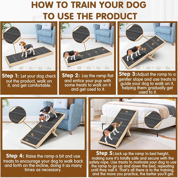 Dog Ramp for Couch, Bed, Wooden Long Pet Stairs for Small & Large Old Dogs & Cats, Hold up to 100lb, Adjustable Height from 11.41" to 20.47", Portable Doggie Steps Weight 11 lbs (39.37" L)