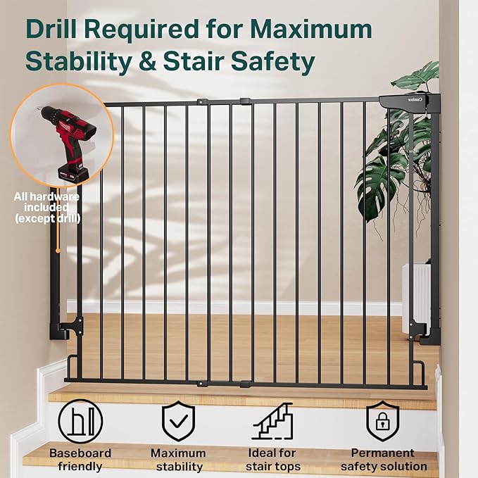 Cumbor 34" Extra Tall No Bottom Bar Baby Gate for Stairs, Wall Mounted Dog Gate Indoor for Larger Pets, Expandable 31.6-48" Safety Gate for Doorways, Wide Walk Thru Door for Easy Access (Black)