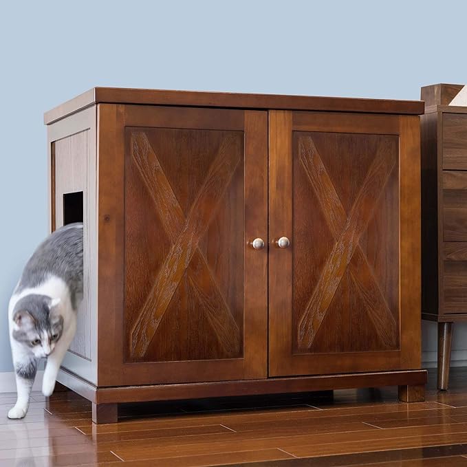 THE REFINED FELINE Cat Litter Box Enclosure Cabinet, Farmhouse, Mahogany Brown, Square Feet, XLarge, Hidden Litter Cat Furniture with Drawer