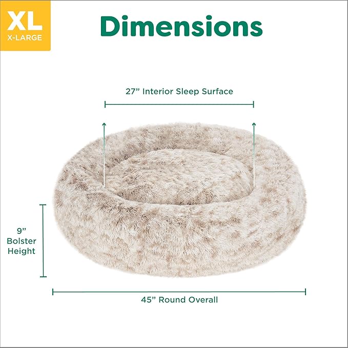 Furhaven 45" Round Calming Donut Dog Bed for Large Dogs, Refillable w/Removable Washable Cover, for Dogs Up to 90 lbs - Shaggy Plush Long Faux Fur Donut Bed - Driftwood Brown, Jumbo/XL