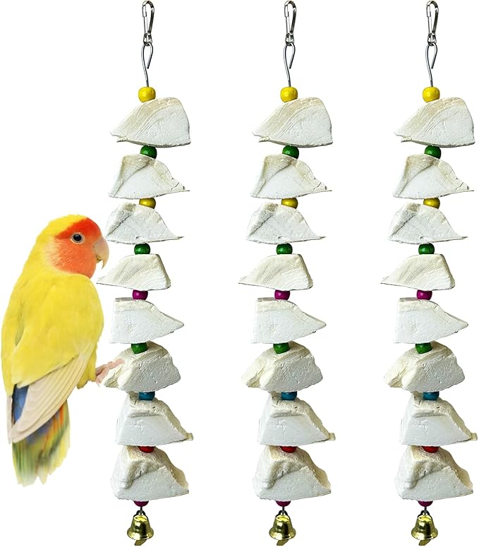 3 Pack Bird Chewing Toy Cuttlebone Parrot Toy with Bell Hanging Bird Beak Grinding Stone Parakeet Cage Accessories for Small & Medium Budgies Lovebirds Cockatiels (Block, 8 Per Skewer)