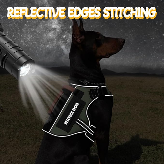 Tactical Dog Harness - HEYCAHVA Service Dog Vest Full Metal Buckles for Medium Large Dogs Reflective No Pull Dog Harnesses Vest with Leather Handle, Hook & Loop for Hiking Training (Green, M)