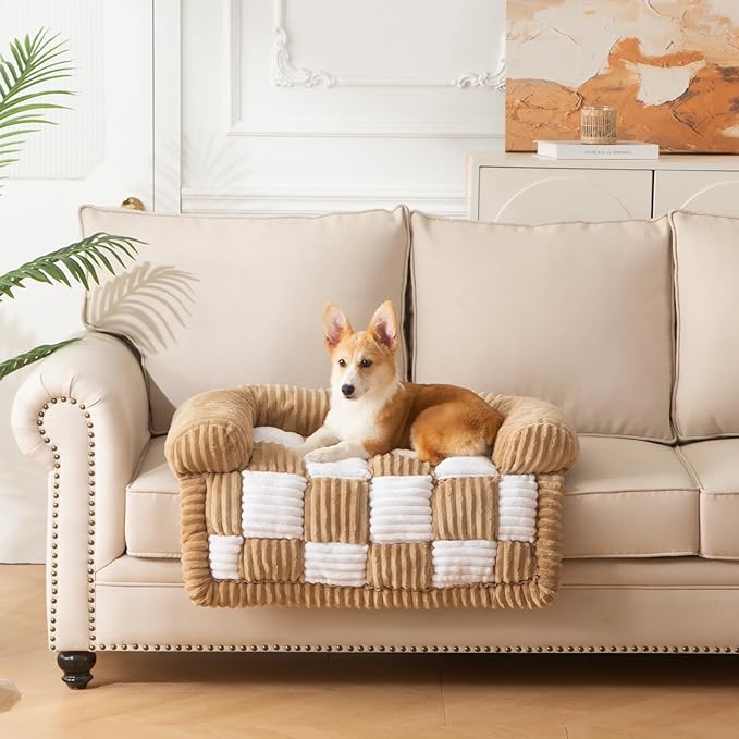 Dog Bed for Couch with Bolster, Comfy Couch Cover for Dogs Washable, Non-Slip Plush Furniture Protector, Calming Fuzzy Lounge Mat, Pet Sofa Accessories (Camel, Small)