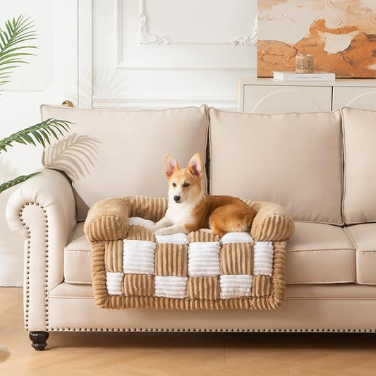 Dog Bed for Couch with Bolster, Comfy Couch Cover for Dogs Washable, Non-Slip Plush Furniture Protector, Calming Fuzzy Lounge Mat, Pet Sofa Accessories (Camel, Small)
