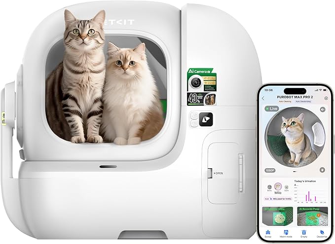 PETKIT 2025 Purobot Max Pro 2 AI-Camera Self Cleaning Cat Litter Box, Extra Large Opening 210° Wide Angle Lens Cat Facial Recognition Automatic Litter Box with 5G WiFi App Control Odor-Free