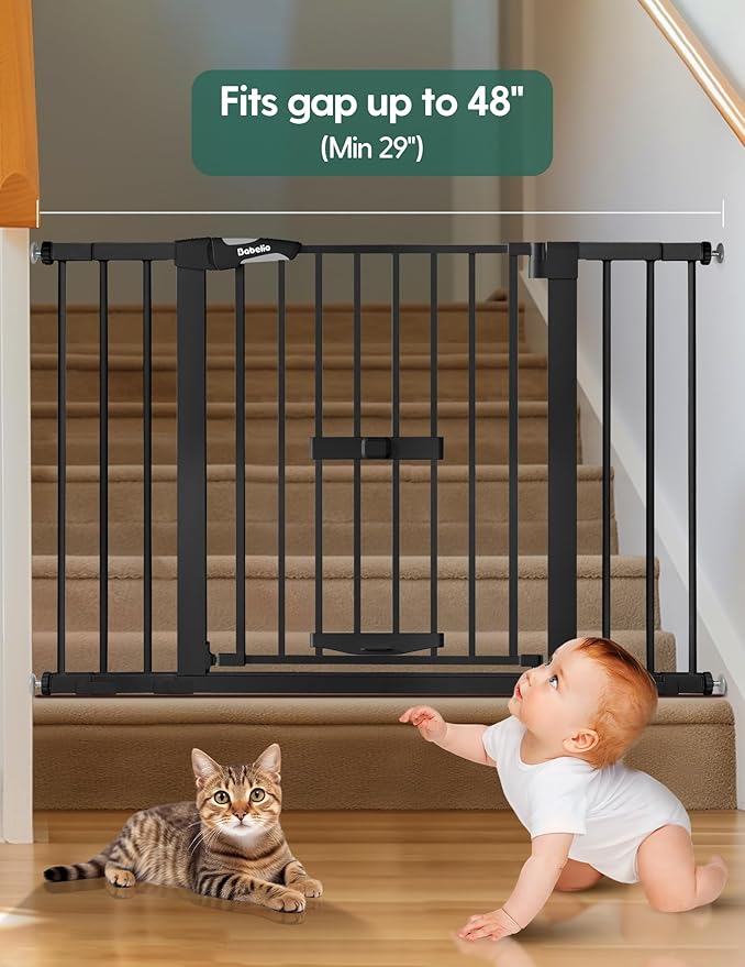 BABELIO 29-48" Extra Wide Baby Gate with Cat Door, Auto Close Metal Pet Door for Stairs, Doorways, House, Pressure/Hardware Mounted, Easy Walk Thru, Black