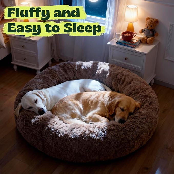 XXXL Orthopedic Dog Bed for Extra Large Dogs with Dount Plush Removable Cover Washable,Giant Circle Lounge Pet Bed Waterproof Foam Cuddler Cooling Gel Sofa for Anxiety Old Fluffy Friends Spine Camel