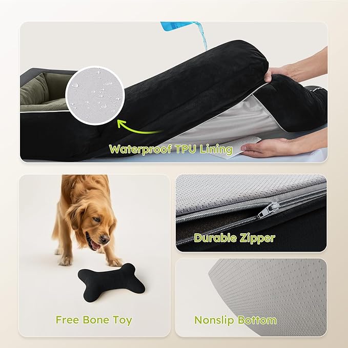 Extra Large Dog Bed, Orthopedic Dog Bed with Cooling Gel Memory Foam, Waterproof XL Pet Bed with Removable Washable Cover, 42" Pet Sofa Couch Dutch Velvet with Bone Toy, Black