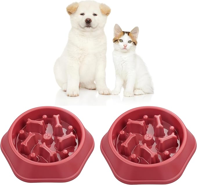 2PCS Slow Feeder Dog Food Bowl – Bowl Designed to Slow Eating, Promotes Healthy Digestion and Prevents Bloat, Ideal for Cats and Dogs (Red-Red)