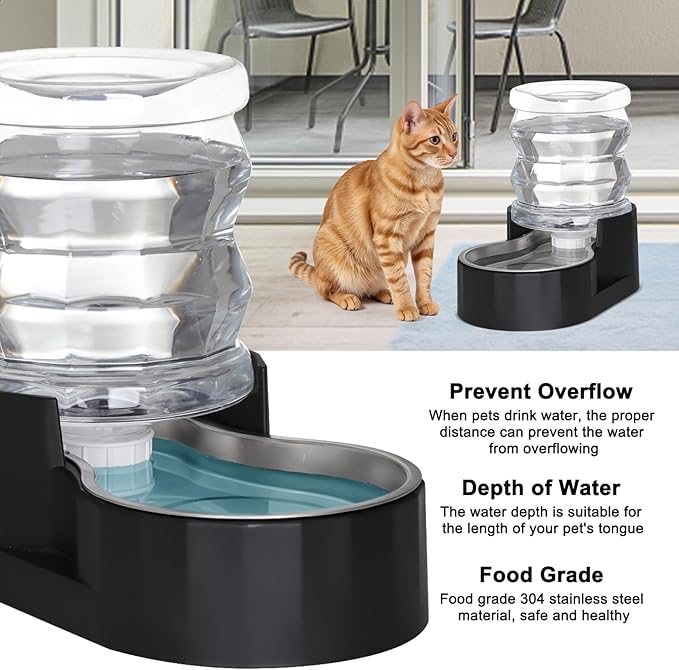 RIZZARI Automatic Gravity Pet Waterer Dispenser : 4L Black Stainless Steel Bowl Without Filter - Large Capacity Feeder for Dogs & Cats - Ideal for Kitchen - Living Room - or Hallway Use